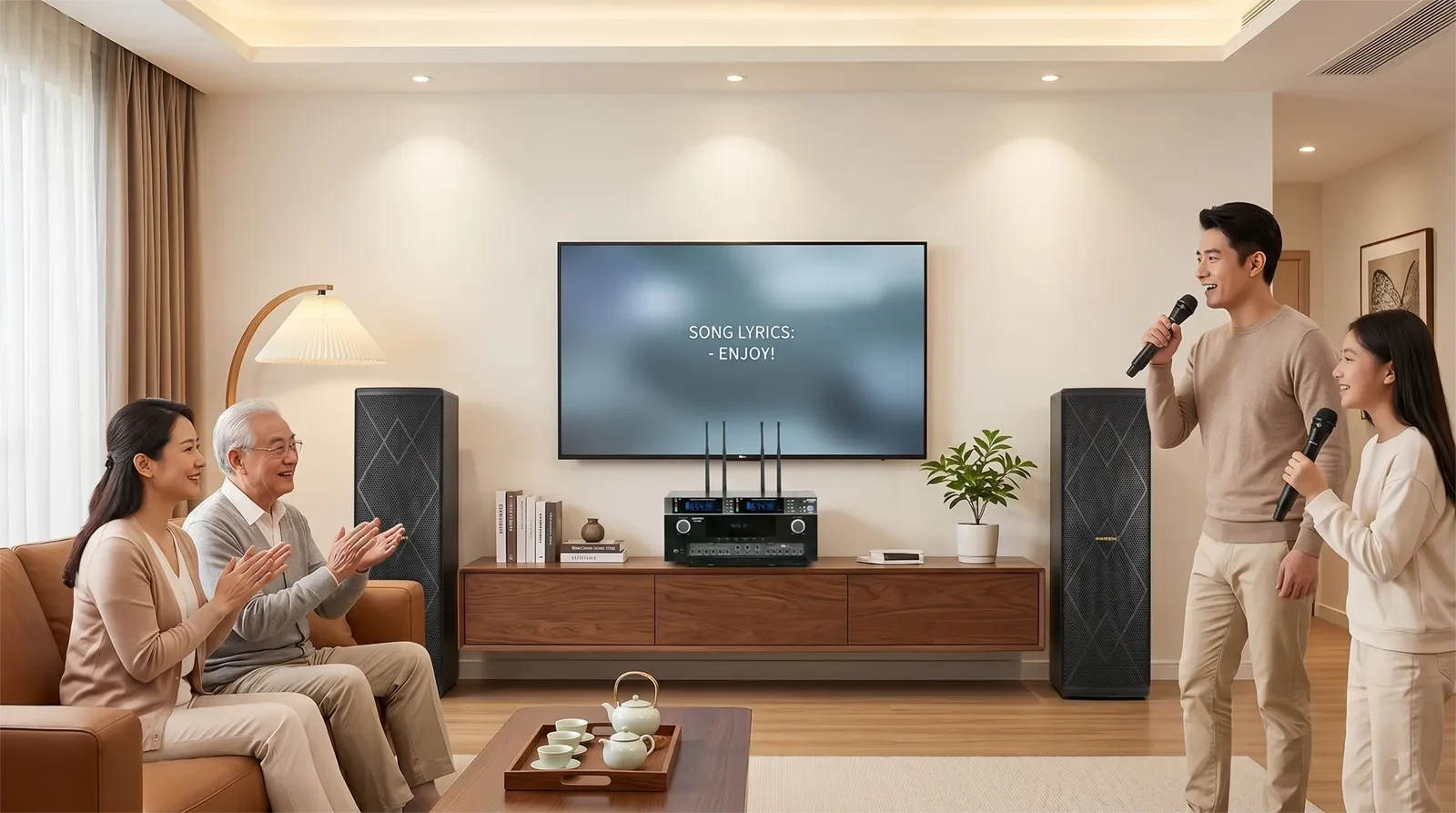 Ampyon AKS-404 tower analog karaoke system set up in a modern Asian family living room