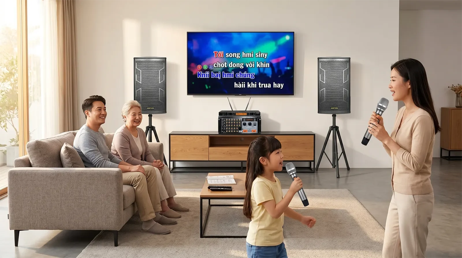 Dàn karaoke Ampyon AKS-405 được lắp đặt trong phòng karaoke gia đình hiện đại