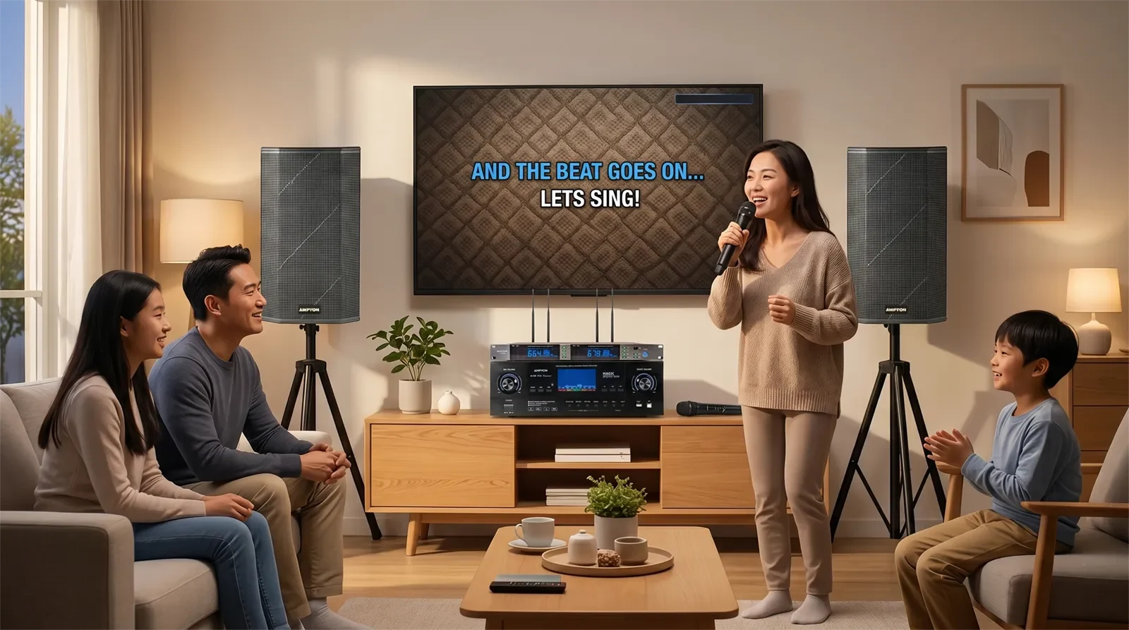 Dàn karaoke Ampyon AKS-502 hybrid được setup trong phòng karaoke gia đình hiện đại