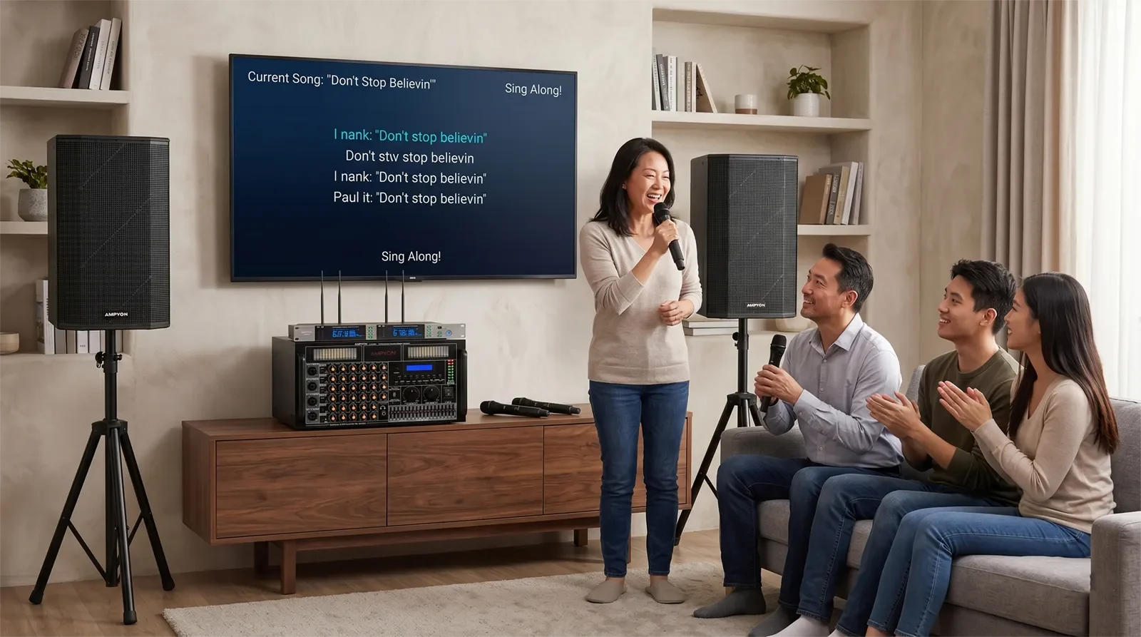 Ampyon AKS-503 professional analog karaoke system set up in a realistic premium home karaoke room