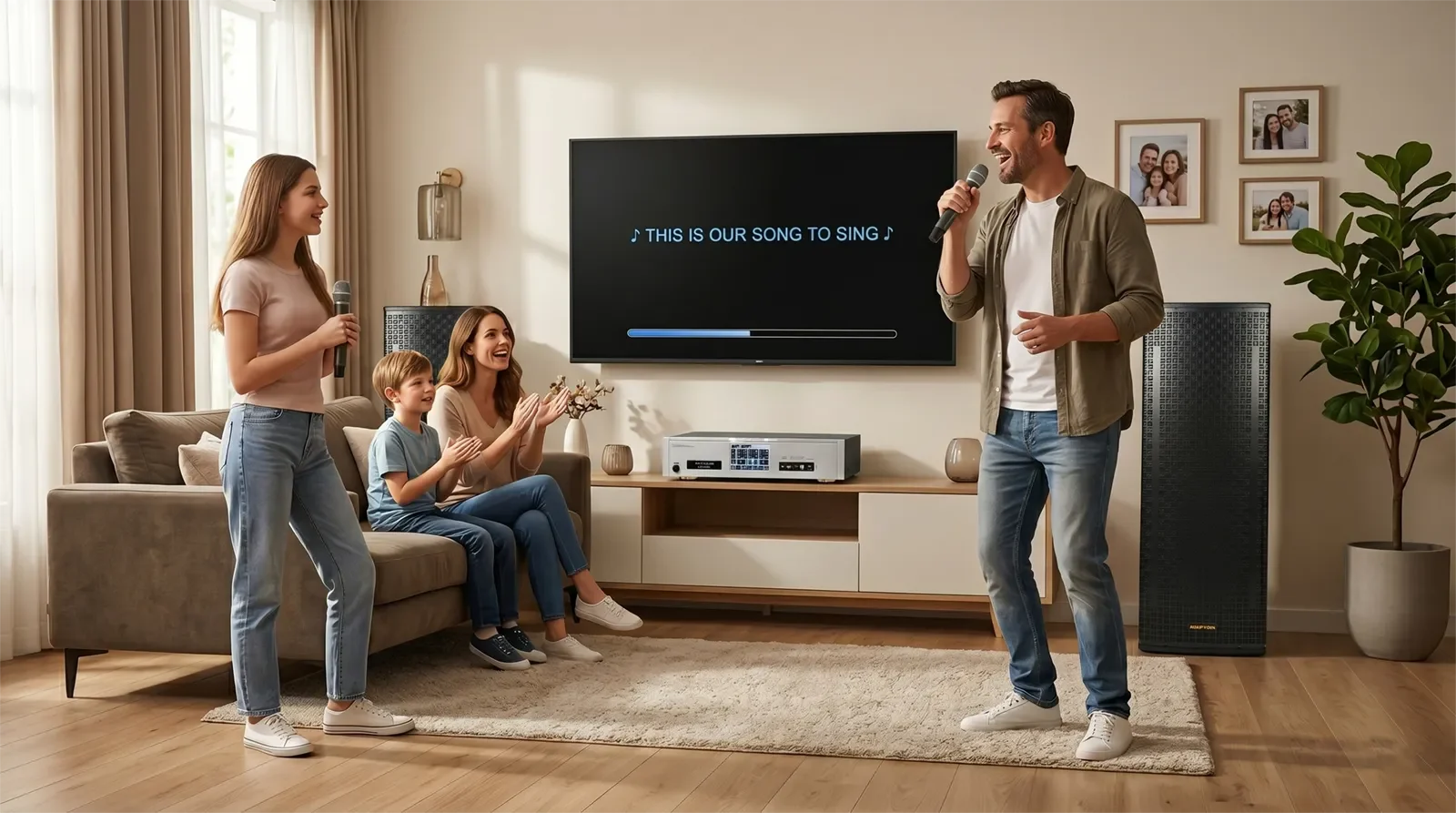 Ampyon AKS-601 advanced digital karaoke system with floor-standing speakers set up in a modern American family living room