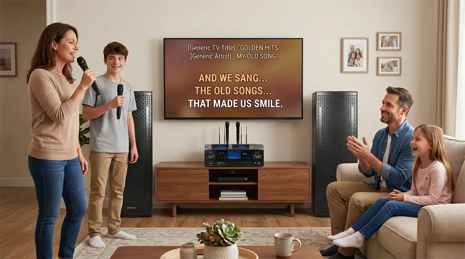 Ampyon AKS-602 advanced hybrid karaoke system with floor-standing speakers set up in a modern American family living room