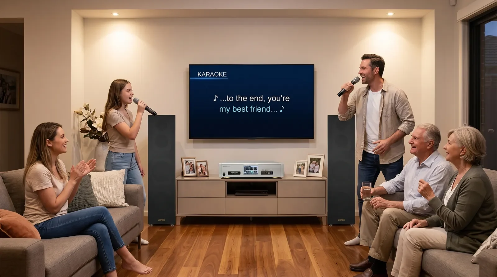 Ampyon AKS-604 modern digital karaoke system with ES-3000 floor-standing speakers in a premium home living room