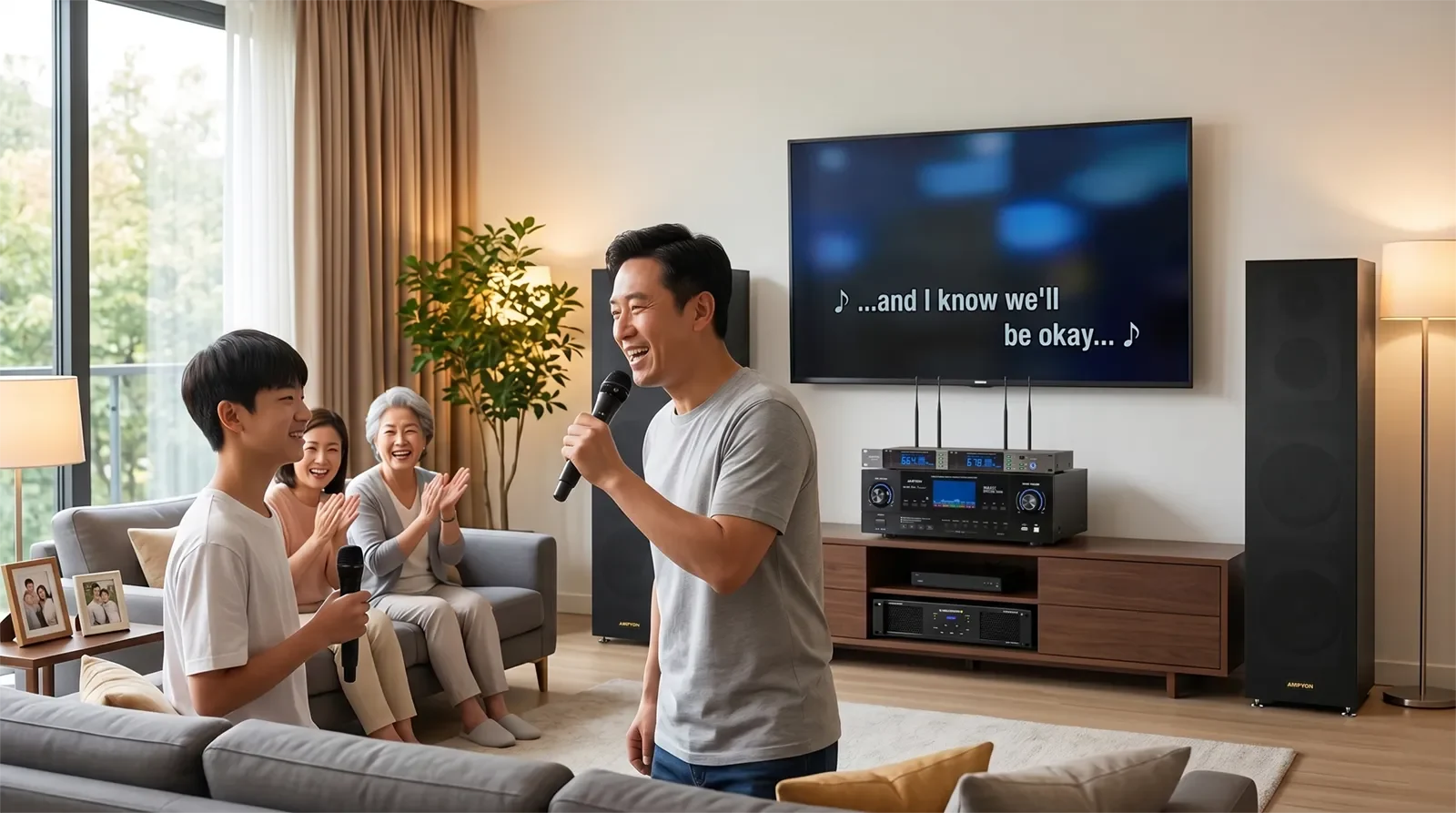 Ampyon AKS-605 modern hybrid karaoke system with ES-3000 floor-standing speakers in an Asian family living room