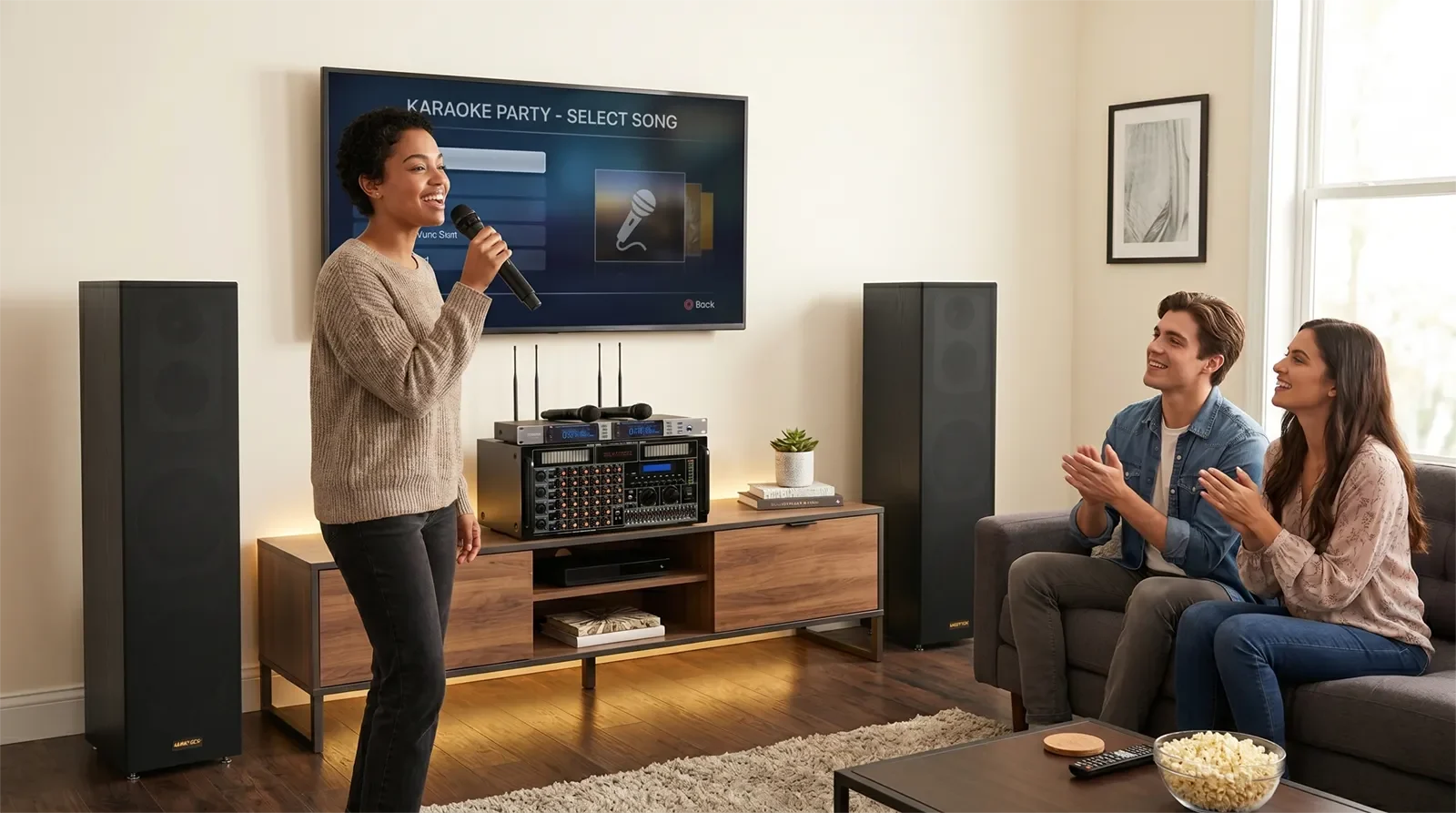 Ampyon AKS-606 modern analog karaoke system with ES-3000 floor-standing speakers in a premium home karaoke room