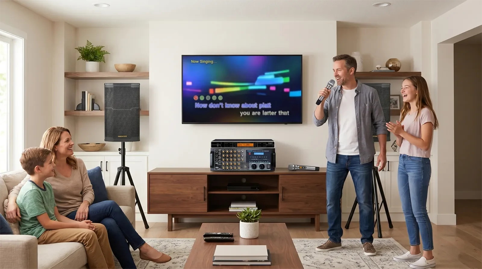 Ampyon AKS-304 pro-control analog karaoke system set up in a modern American home entertainment room