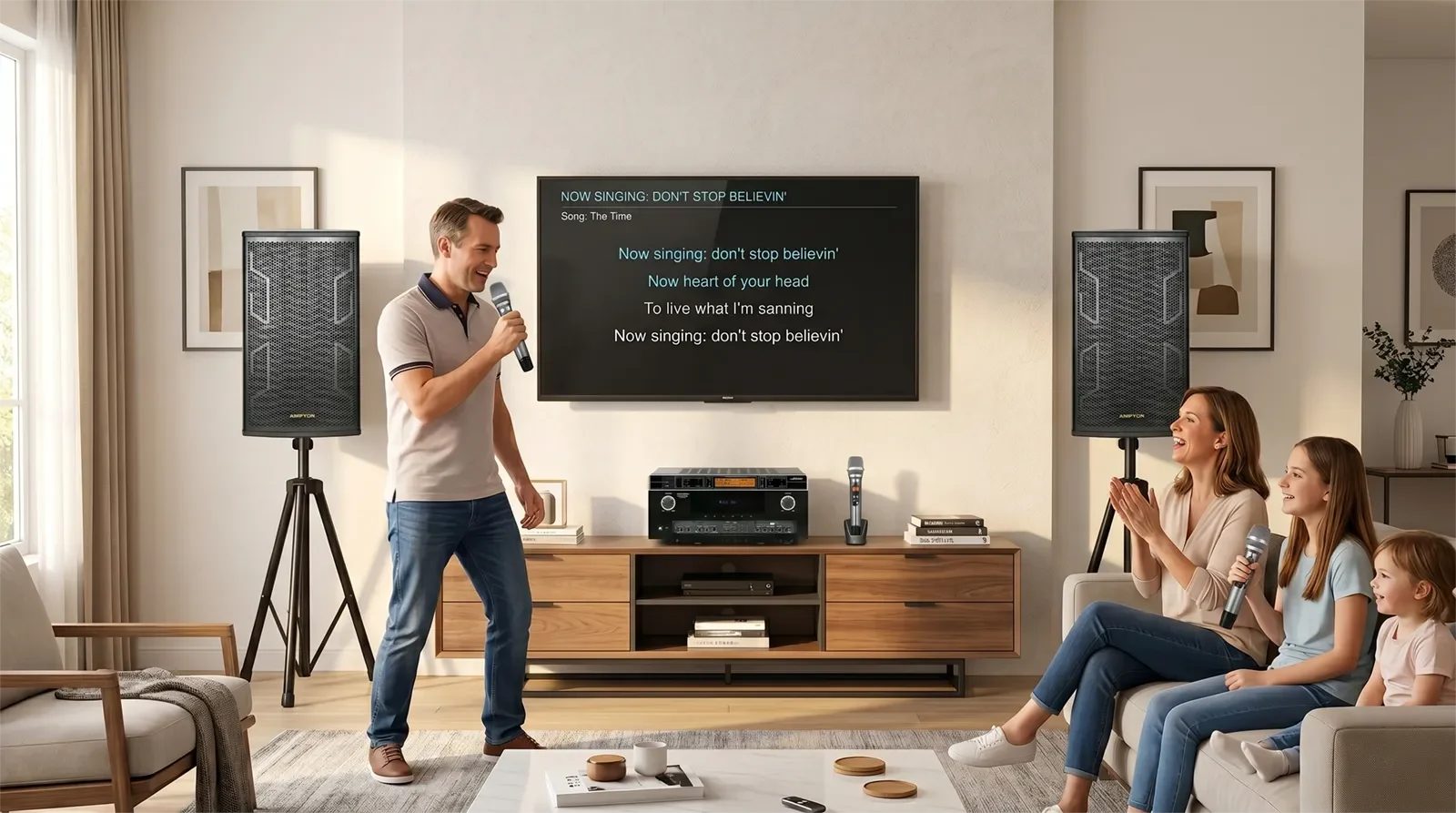 Ampyon AKS-402 classic analog karaoke system set up in a modern American home entertainment room