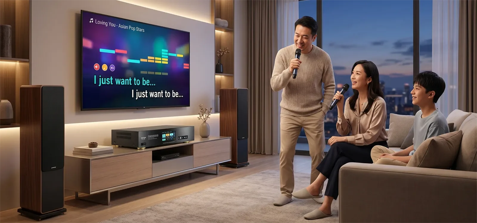 Ampyon DL-3000 digital karaoke amplifier in a home karaoke entertainment room setup