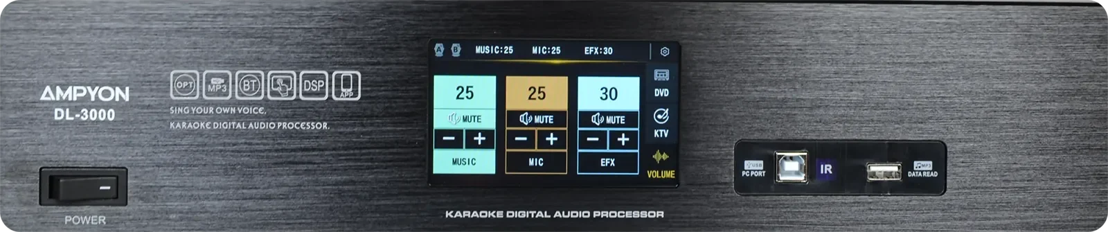 Ampyon DL-3000 touchscreen control panel for karaoke sound and microphone adjustment