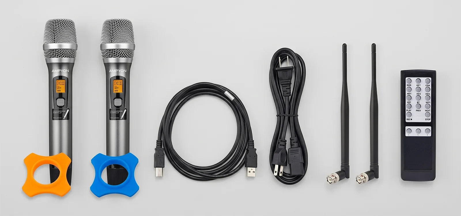 Ampyon DL-4000 included accessories with wireless microphones USB cable antennas power cable remote control and anti rolling microphone rings