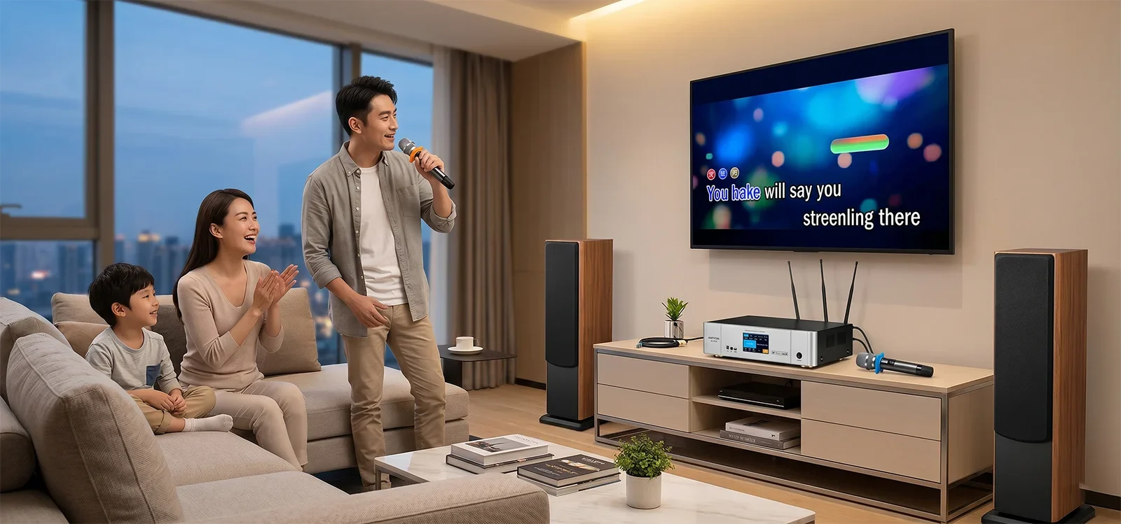Ampyon DL-4000 digital karaoke amplifier in a home karaoke entertainment room setup