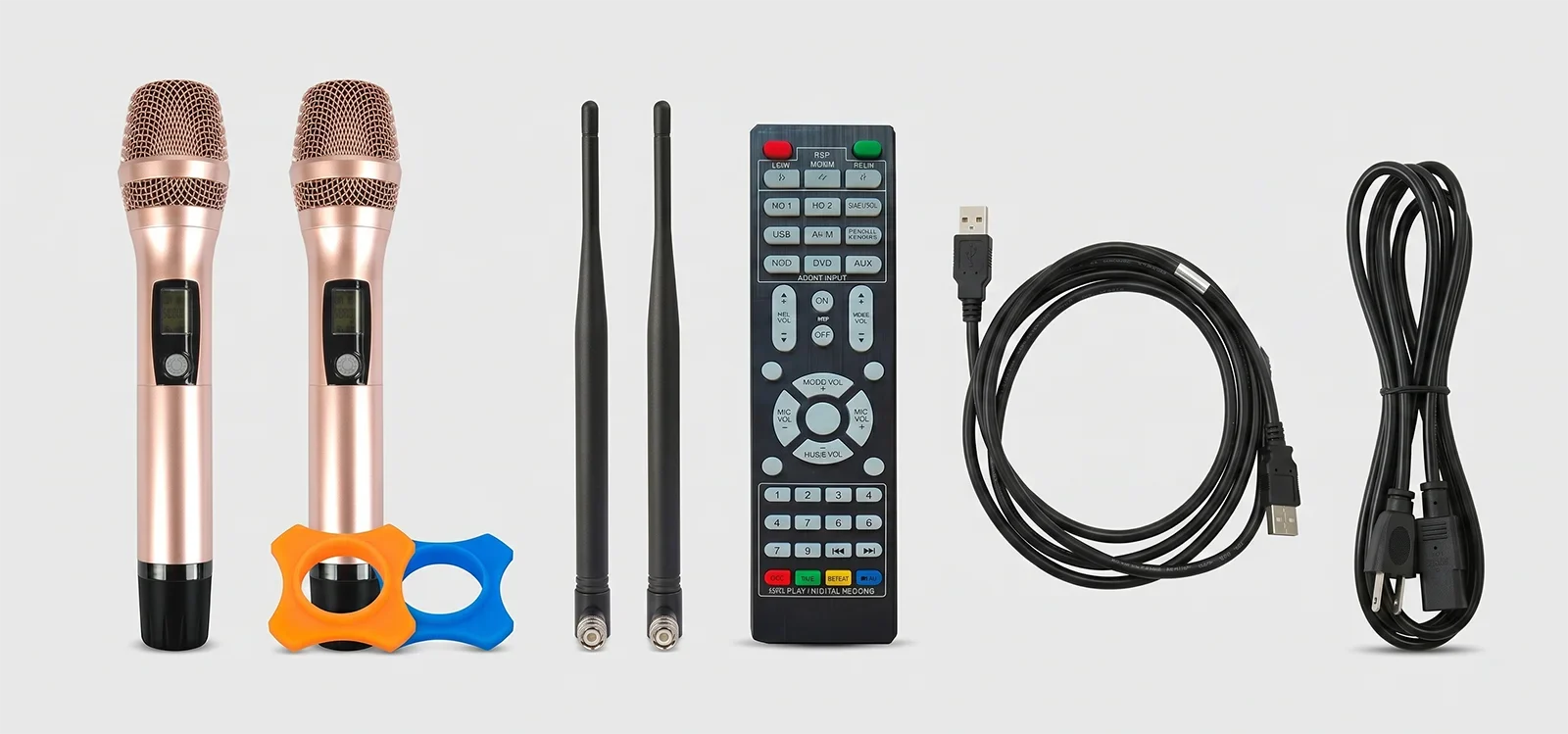 Ampyon DL-5000 included accessories with rose gold wireless microphones antennas power cable remote control USB cable and anti rolling microphone rings