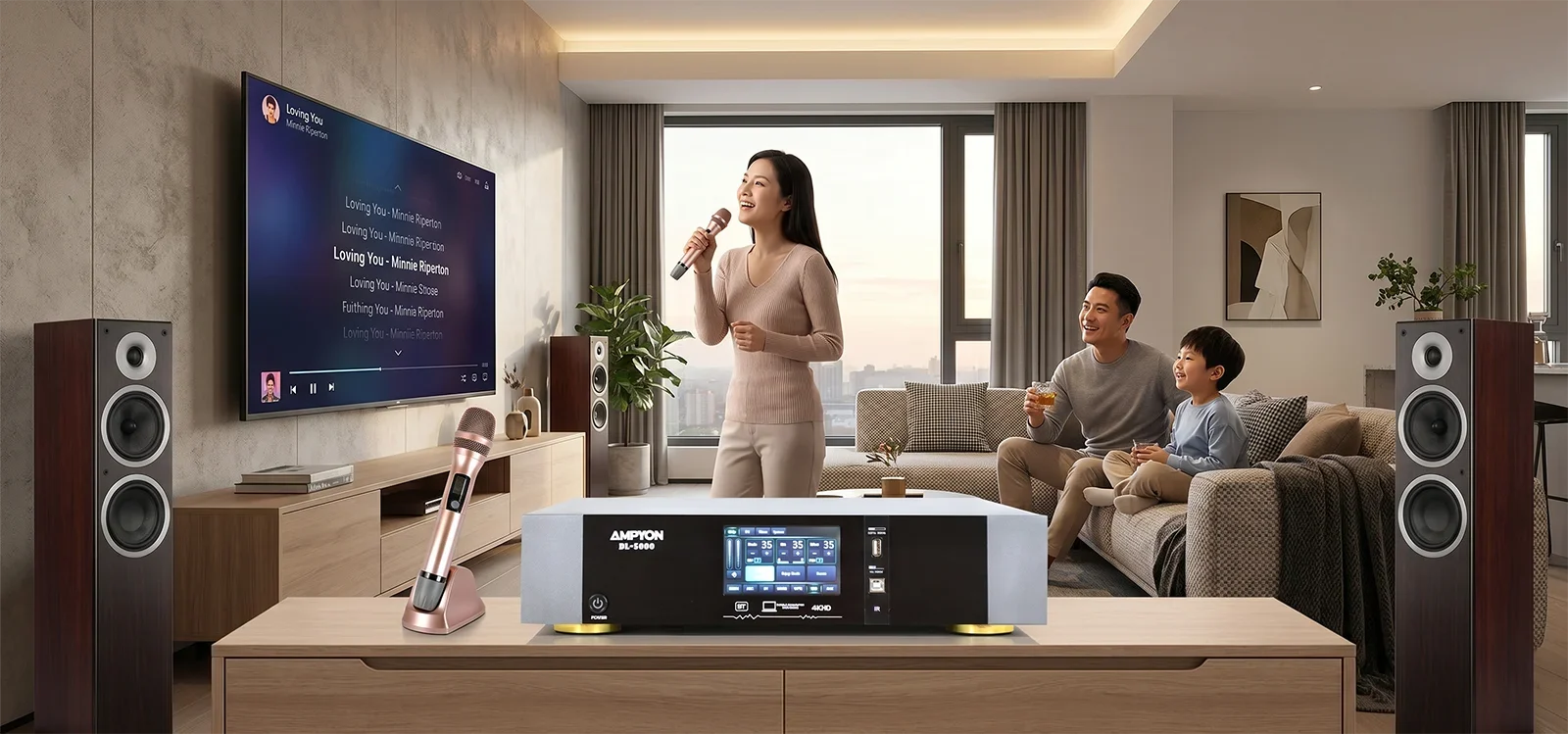 Ampyon DL-5000 digital karaoke amplifier in a home karaoke entertainment room setup