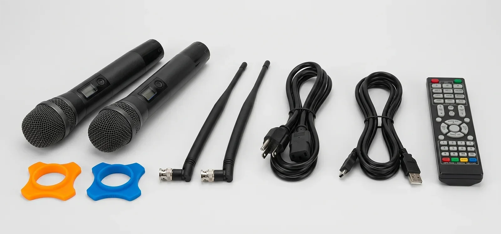 Ampyon DL-6000 included accessories with black wireless microphones antennas power cable remote control USB cable and anti rolling microphone rings