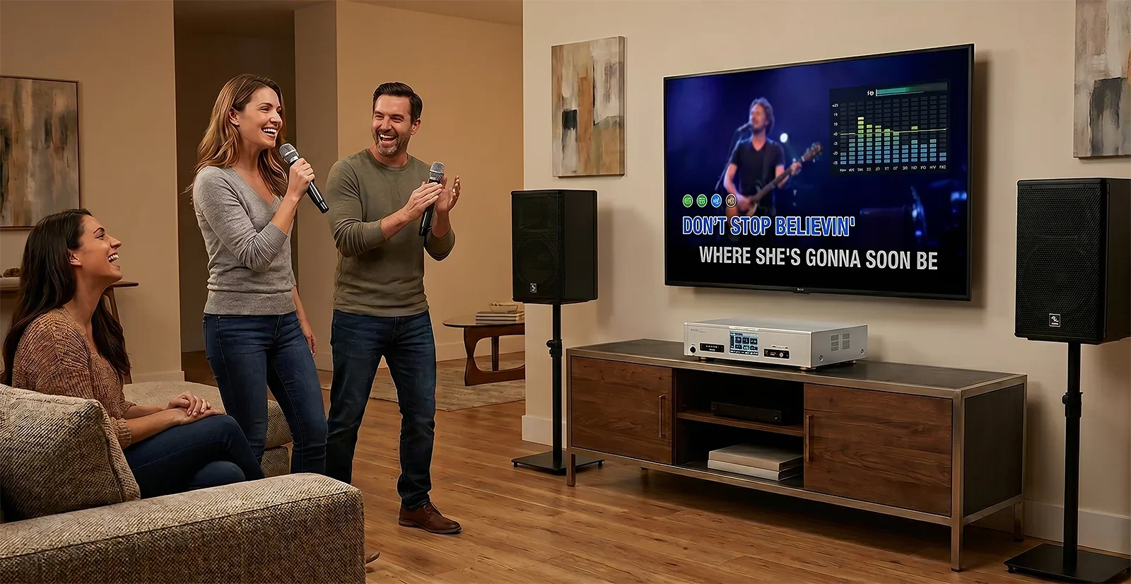 Ampyon DL-6000 digital karaoke amplifier in a modern home karaoke entertainment room setup