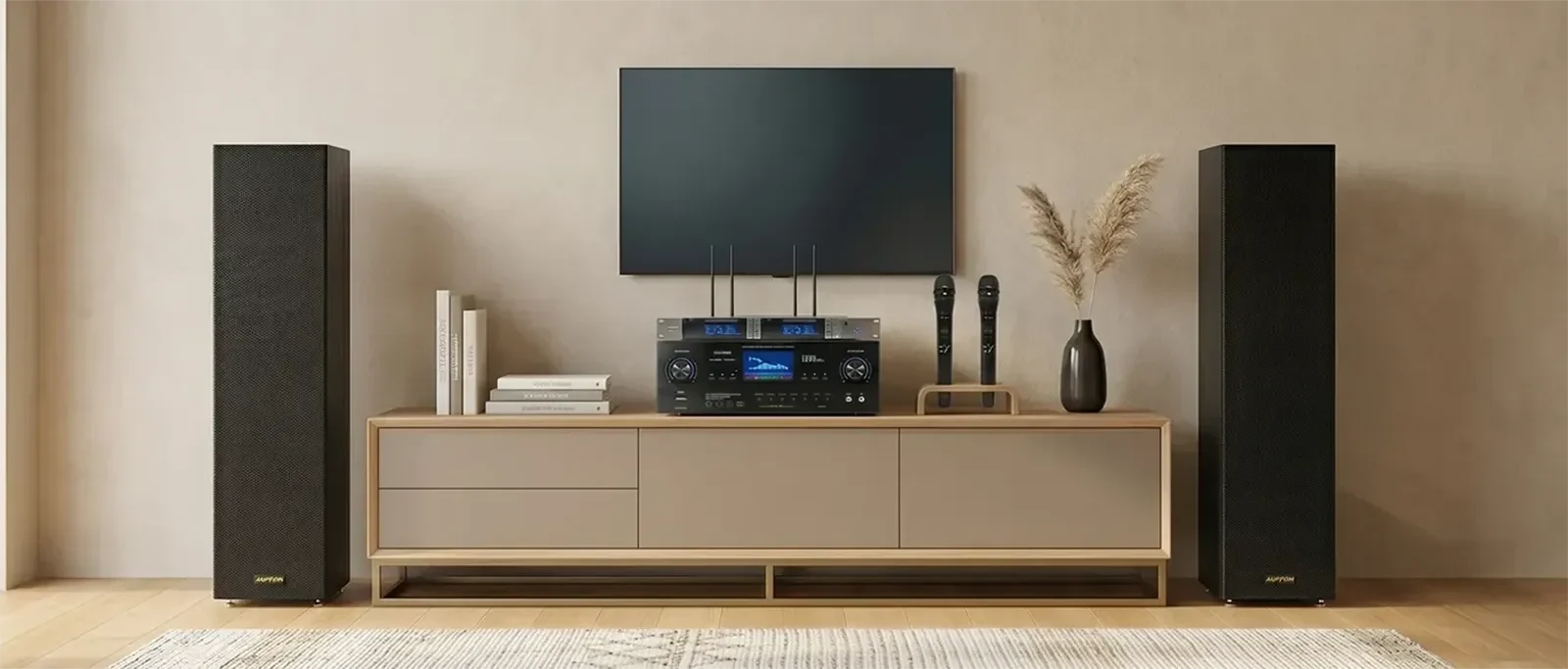 Ampyon-style home karaoke system in a modern family living room with speakers, mixer, wireless microphones, and TV screen
