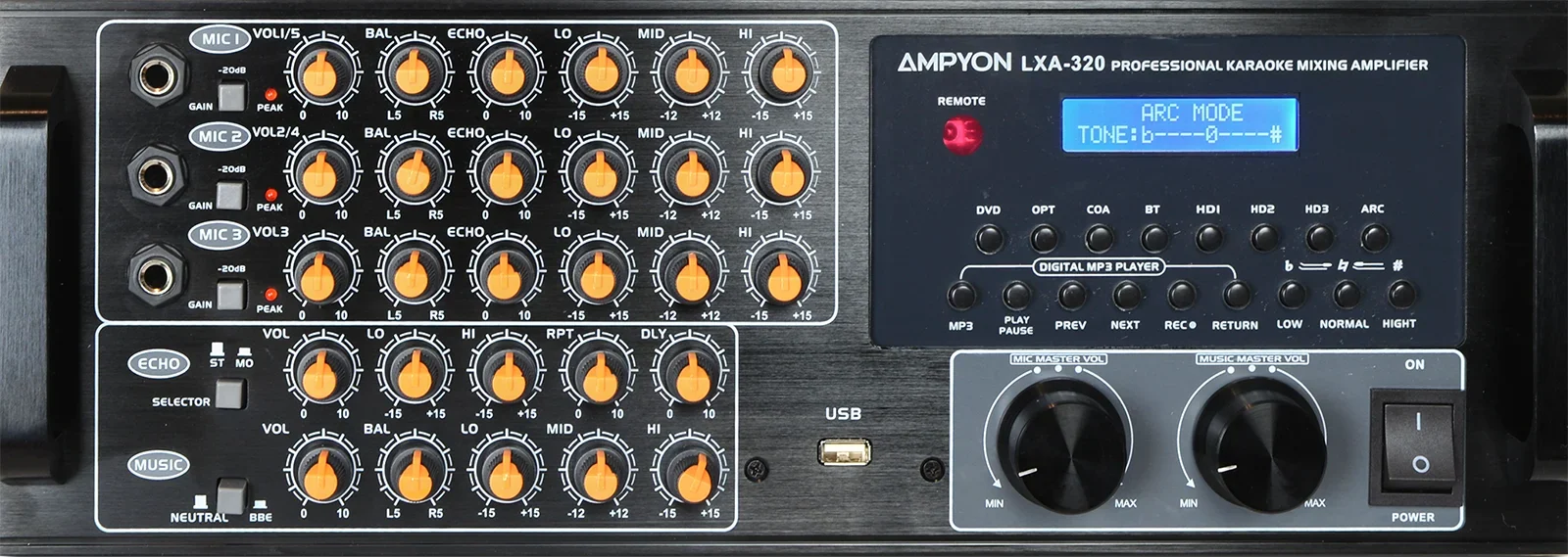 Bảng điều khiển phía trước Ampyon LXA-320 với các nút chỉnh micro echo nhạc và màn hình hiển thị