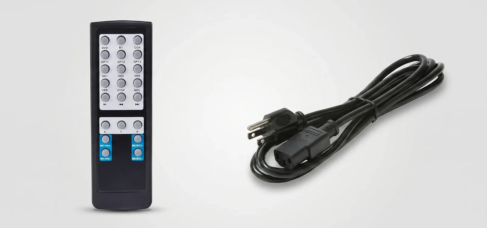 Phụ kiện đi kèm Ampyon LXA-320 gồm remote điều khiển và dây nguồn