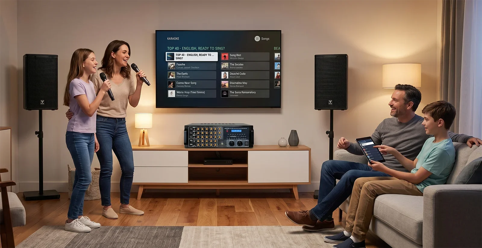 Ampyon LXA-320 trong bộ karaoke gia đình với TV loa và amply mixing