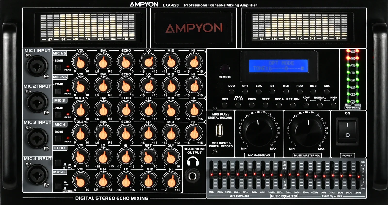 Bảng điều khiển Ampyon LXA-620 với nút chỉnh micro equalizer màn hình digital và đèn LED
