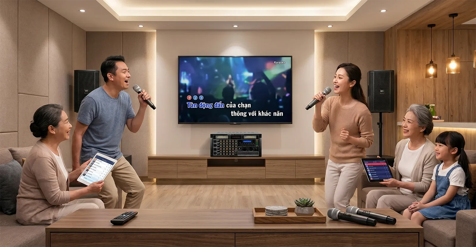 Ampyon LXA-620 trong bộ karaoke gia đình với TV loa và amply mixing chuyên nghiệp