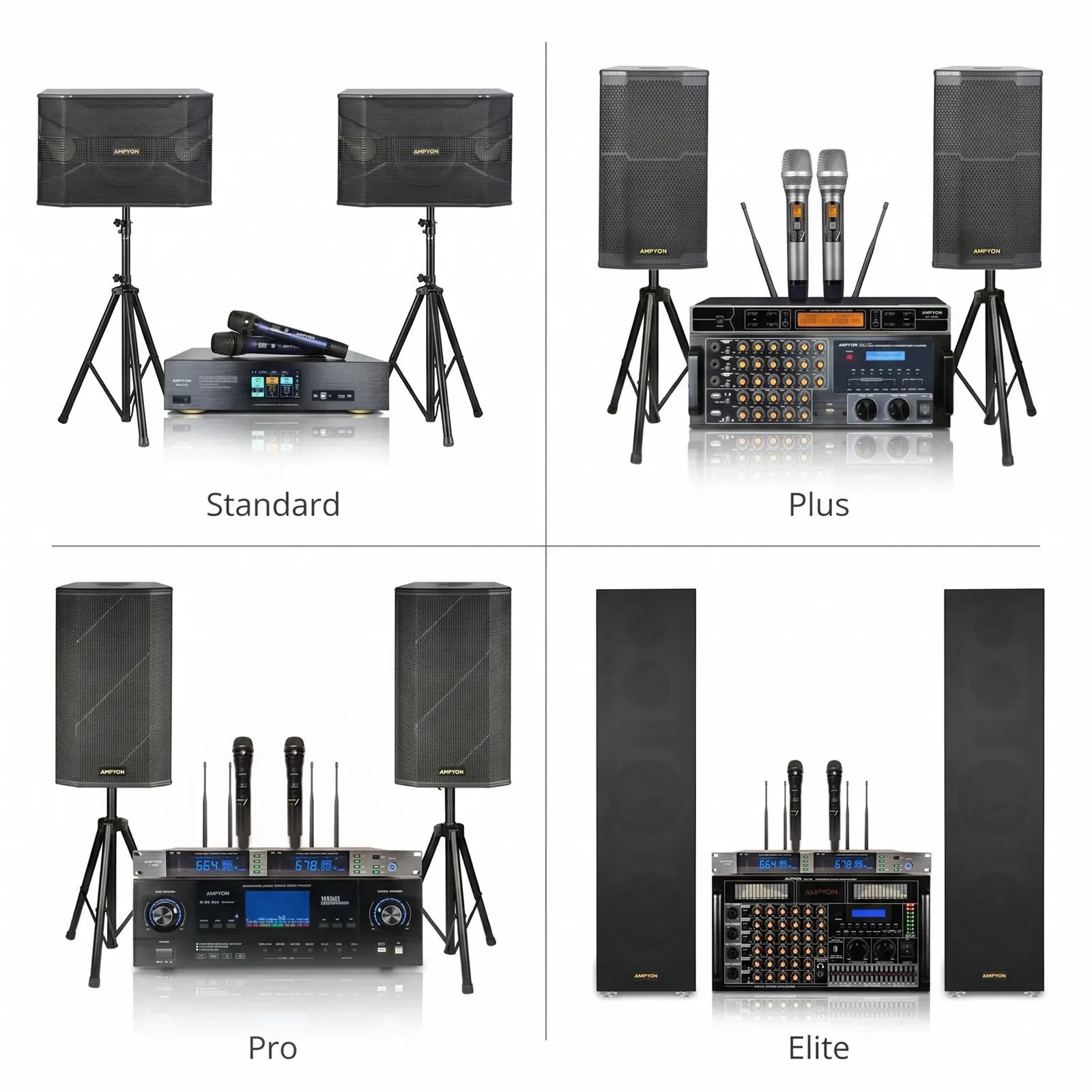 Visual comparison of Ampyon Standard, Plus, Pro, and Elite karaoke system series in a two-row layout