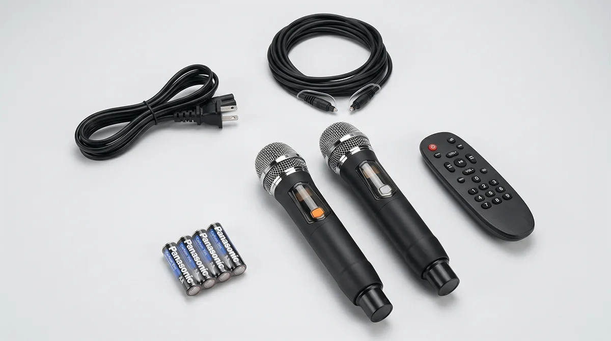 Phụ kiện đi kèm loa karaoke xách tay Ampyon Starbox III gồm micro không dây remote dây optical dây nguồn và pin