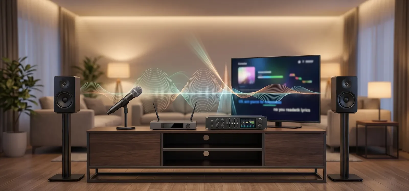 Dàn karaoke gia đình với micro, mixer và loa dùng xử lý chống hú để giọng hát ổn định hơn.