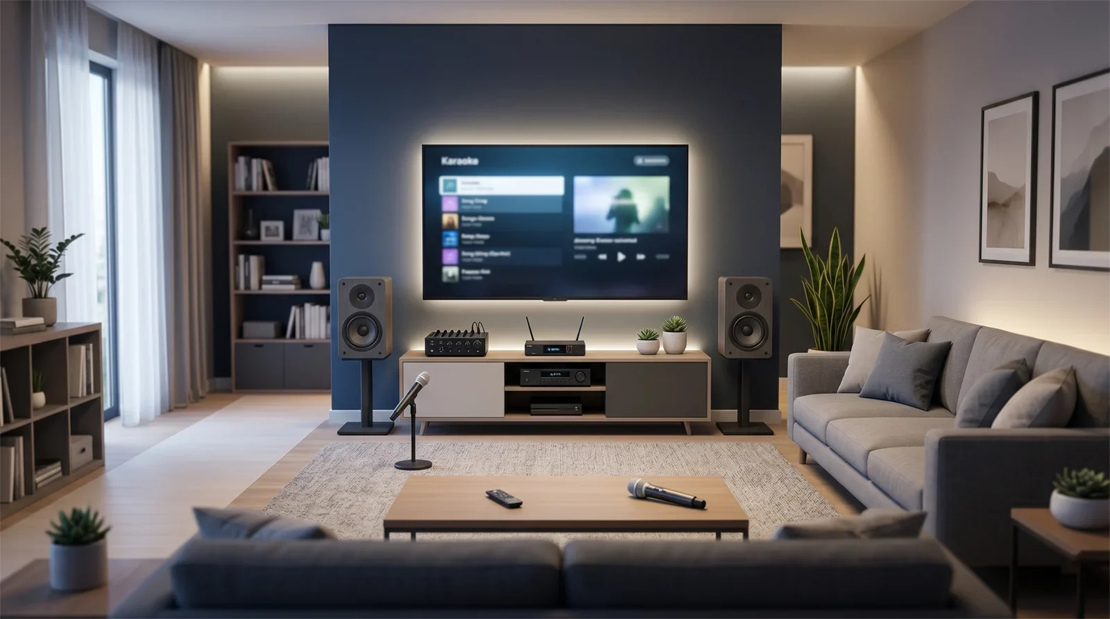 Bố trí karaoke trong căn hộ với TV làm trung tâm, loa gọn, micro và khu vực hát rõ ràng.