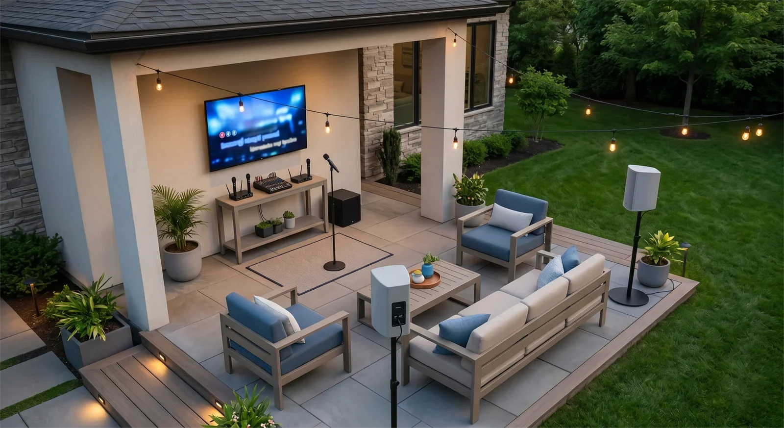 Backyard karaoke layout showing a screen near the house, a clear singing zone, guest seating, speakers facing the audience, and organized equipment.