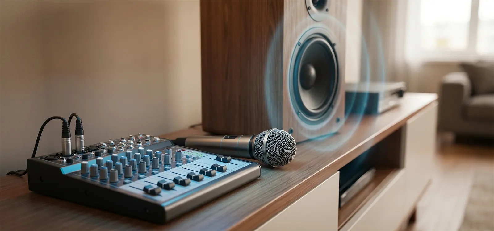 Cận cảnh loa và micro karaoke minh họa bass quá nhiều có thể che mất độ rõ của vocal