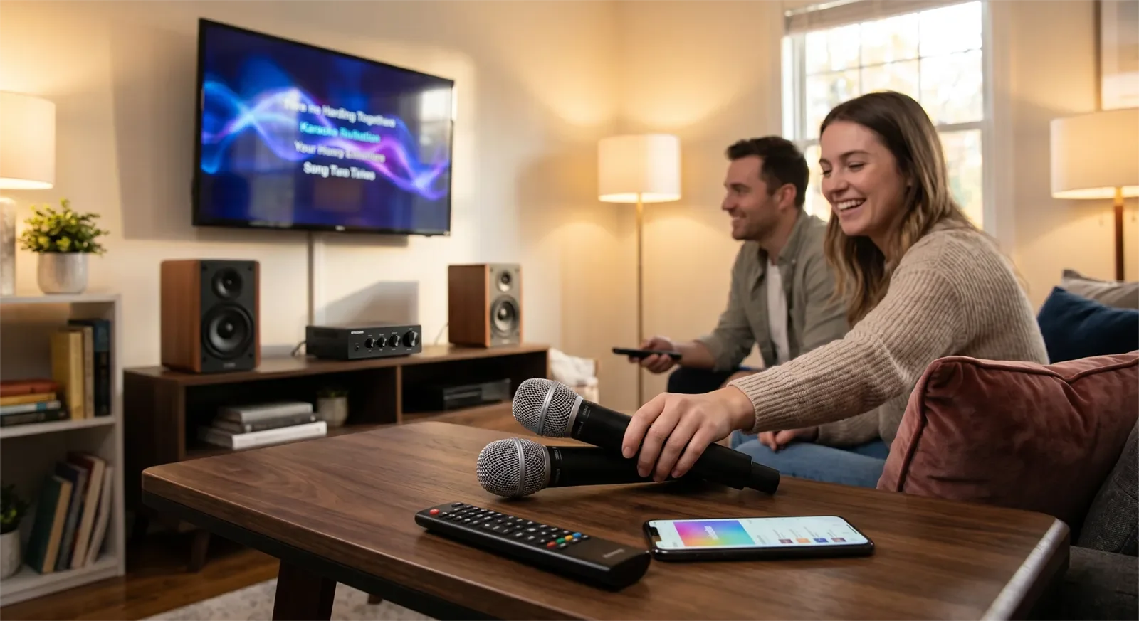 Dàn karaoke cho người mới với micro không dây, TV, loa và mixer để mở bài dễ dàng