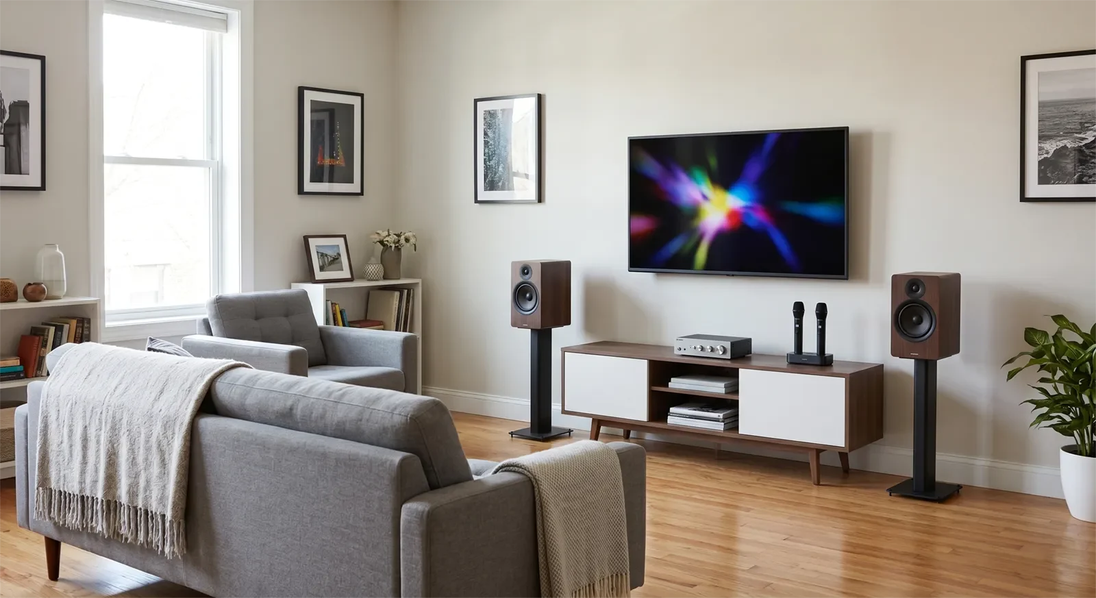 Dàn karaoke cho người mới được đặt gọn trong phòng khách với loa nhỏ gọn và TV