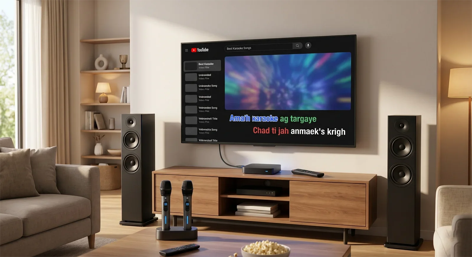 Setup YouTube karaoke trong phòng khách với TV hiển thị lời bài hát, thiết bị streaming, remote, loa và micro không dây.