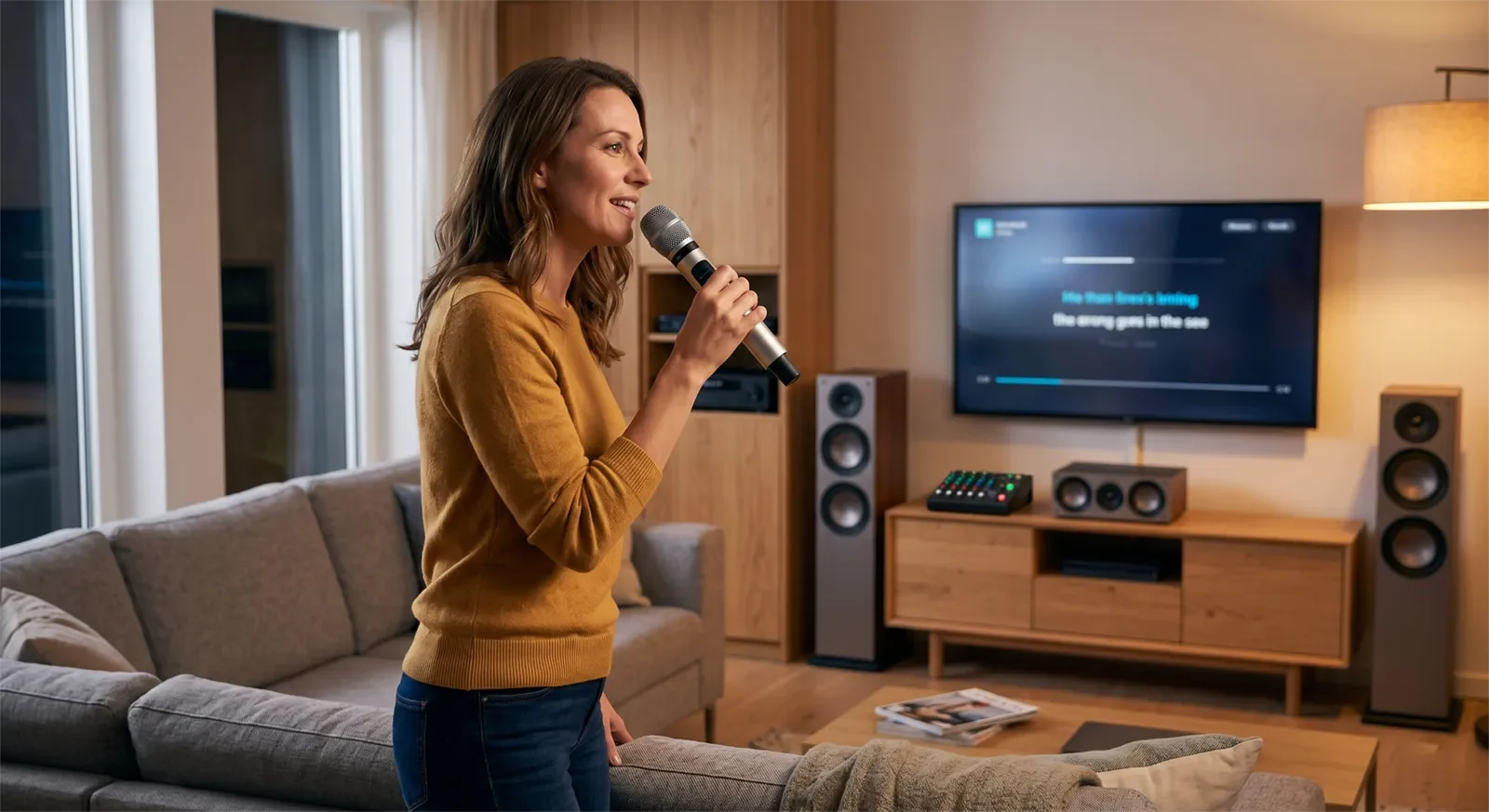Home karaoke singer using a better wireless microphone for a clearer and more comfortable singing experience
