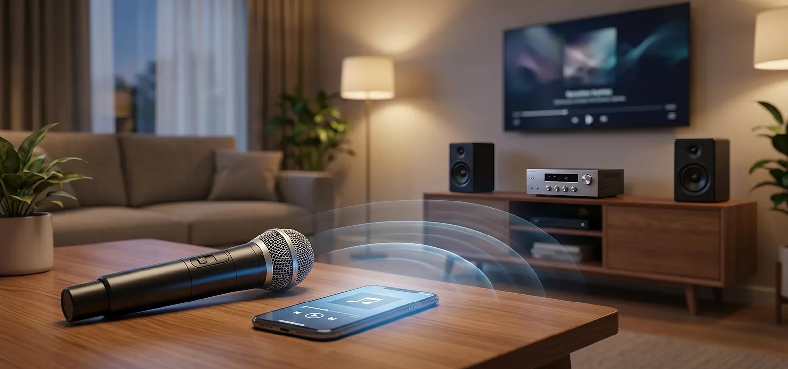 Home karaoke setup showing Bluetooth audio delay affecting live singing timing.