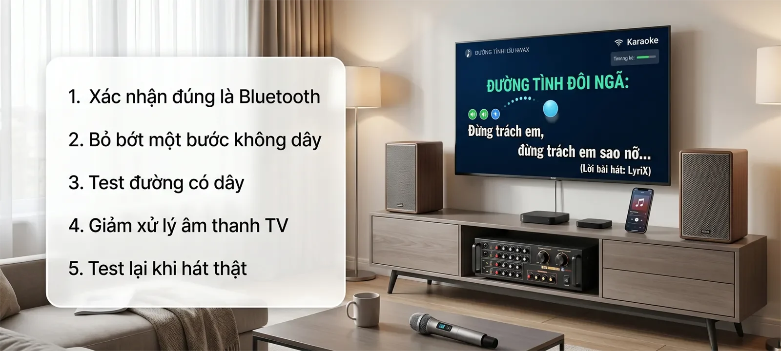 Checklist xử lý delay karaoke qua Bluetooth gồm xác nhận Bluetooth, bỏ bớt bước không dây, test đường có dây, giảm xử lý âm thanh TV và test lại khi hát.