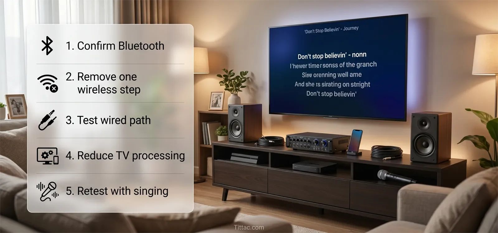 Bluetooth karaoke delay troubleshooting checklist showing Bluetooth confirmation, removing wireless steps, testing wired path, reducing TV processing, and retesting with singing.