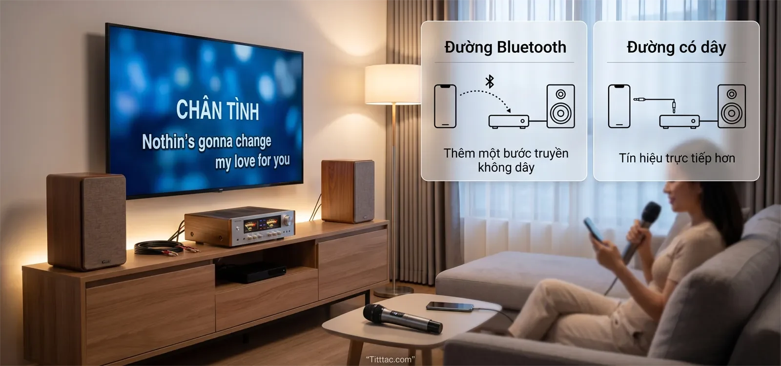 Minh họa delay karaoke qua Bluetooth cho thấy đường Bluetooth có thêm bước truyền không dây, trong khi đường có dây trực tiếp hơn.