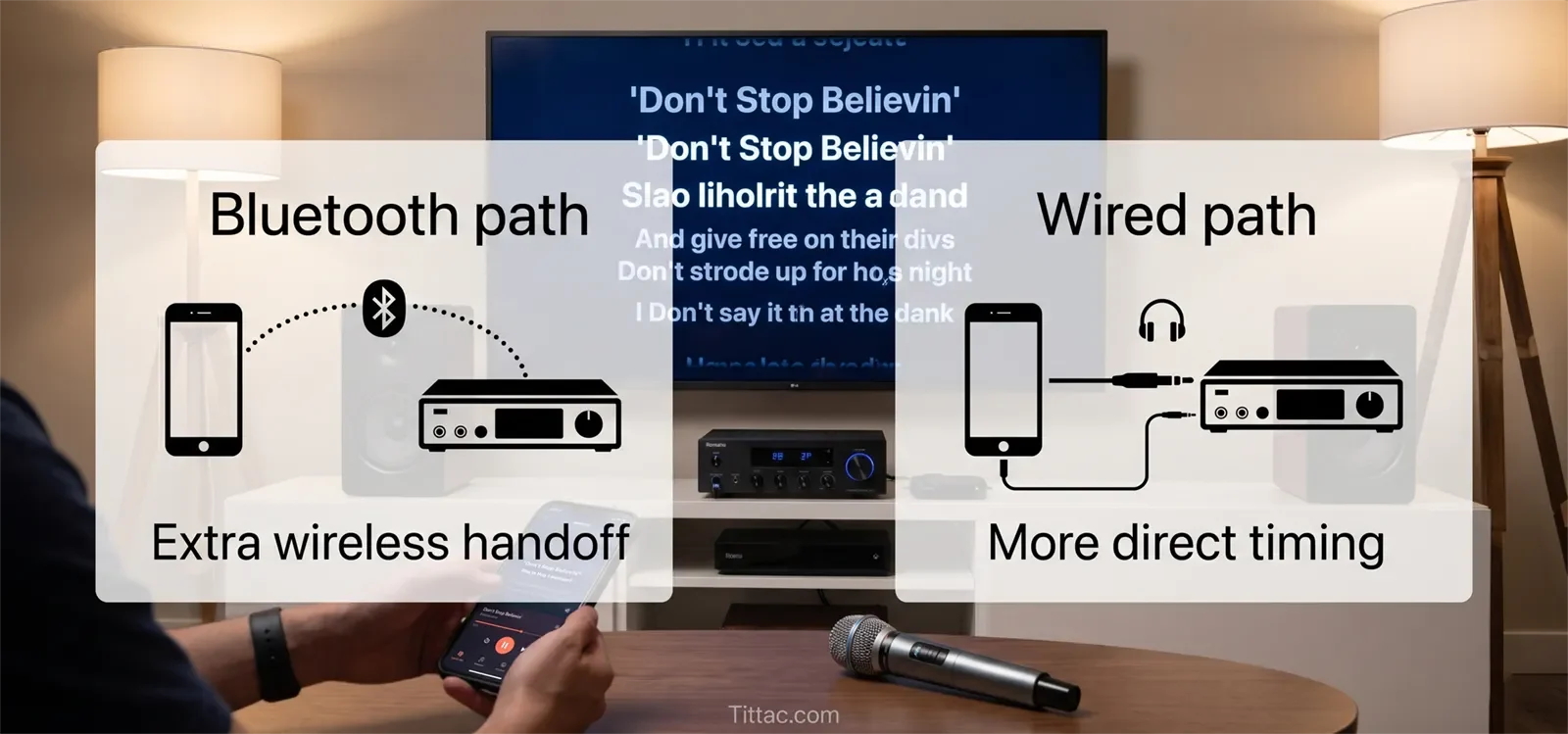 Bluetooth karaoke delay comparison showing an extra wireless handoff versus a more direct wired audio path.