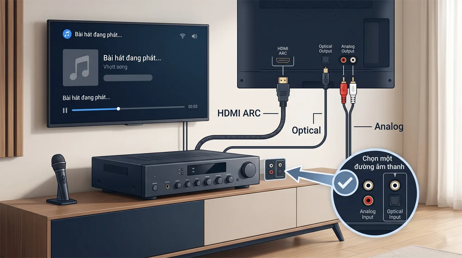 Minh họa các lựa chọn kết nối smart TV với dàn karaoke gồm HDMI ARC, optical và analog.