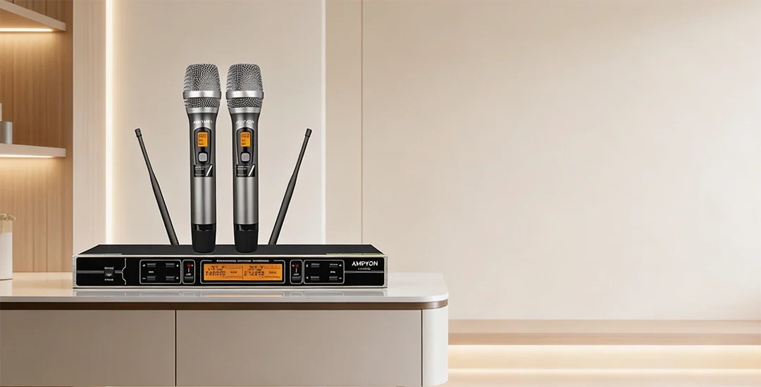 Bộ micro karaoke không dây với đầu thu và hai micro trong không gian nội thất sang trọng