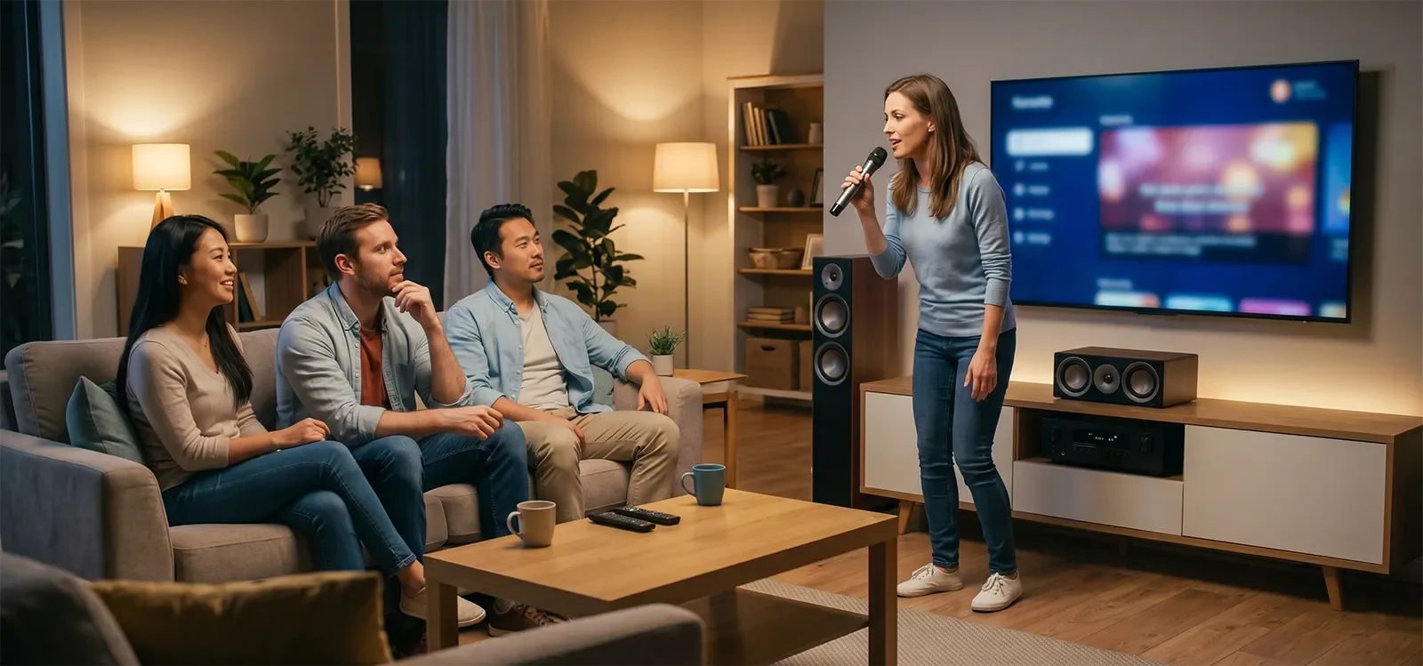 Người nghe karaoke tại nhà nghe rõ giọng hát mà âm thanh không bị gắt hoặc mệt tai