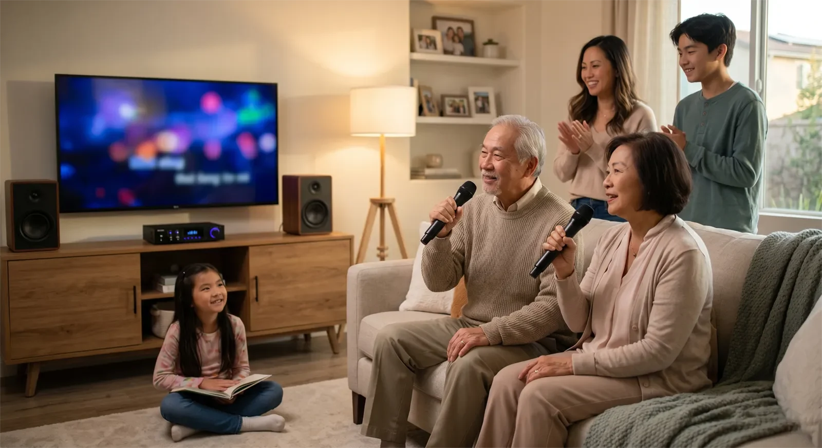 Ba mẹ và người lớn tuổi cầm micro không dây thoải mái khi hát karaoke tại nhà cùng gia đình