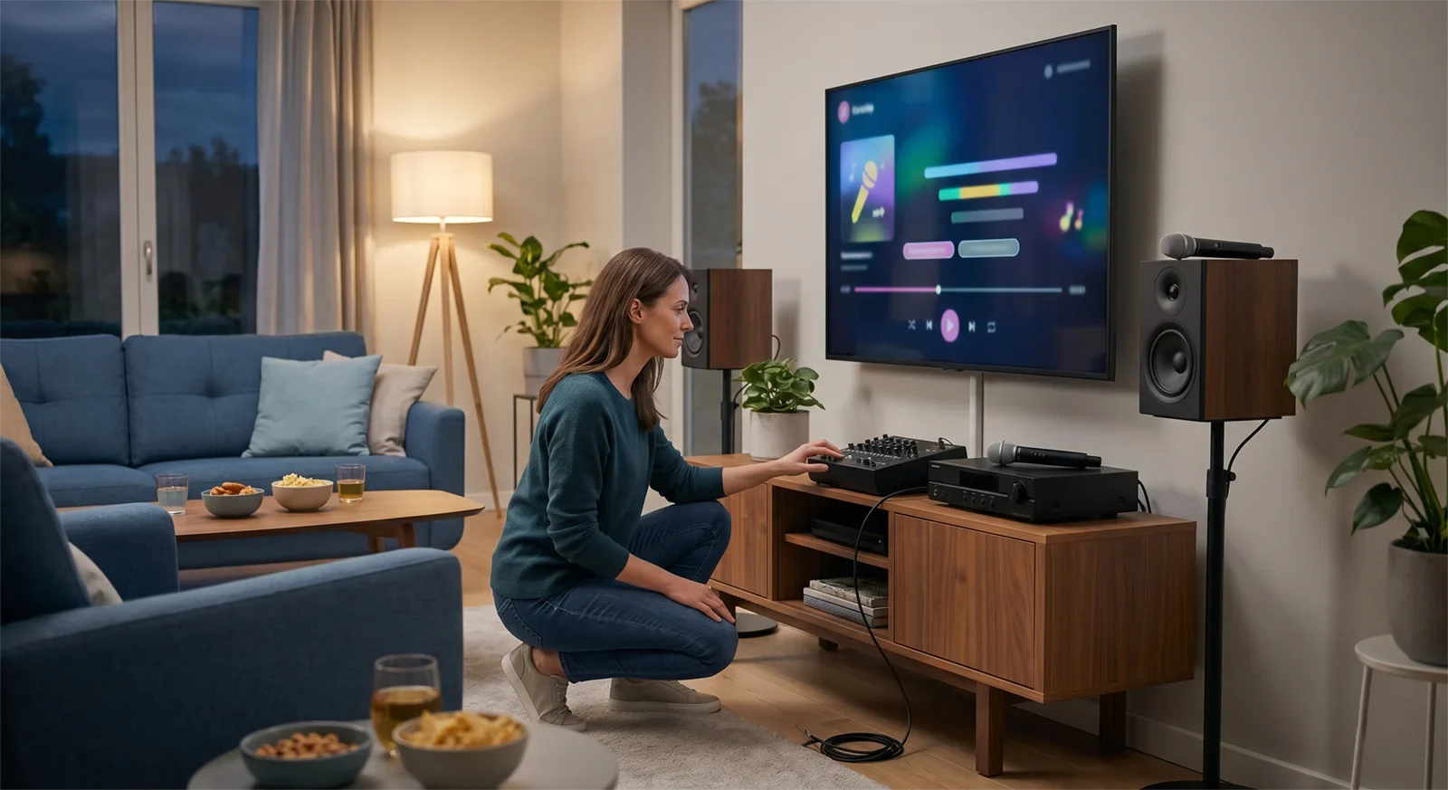Setup karaoke gia đình trước buổi hát với TV, micro không dây, loa và người dùng đang kiểm tra các lỗi thường gặp trong phòng khách hiện đại.