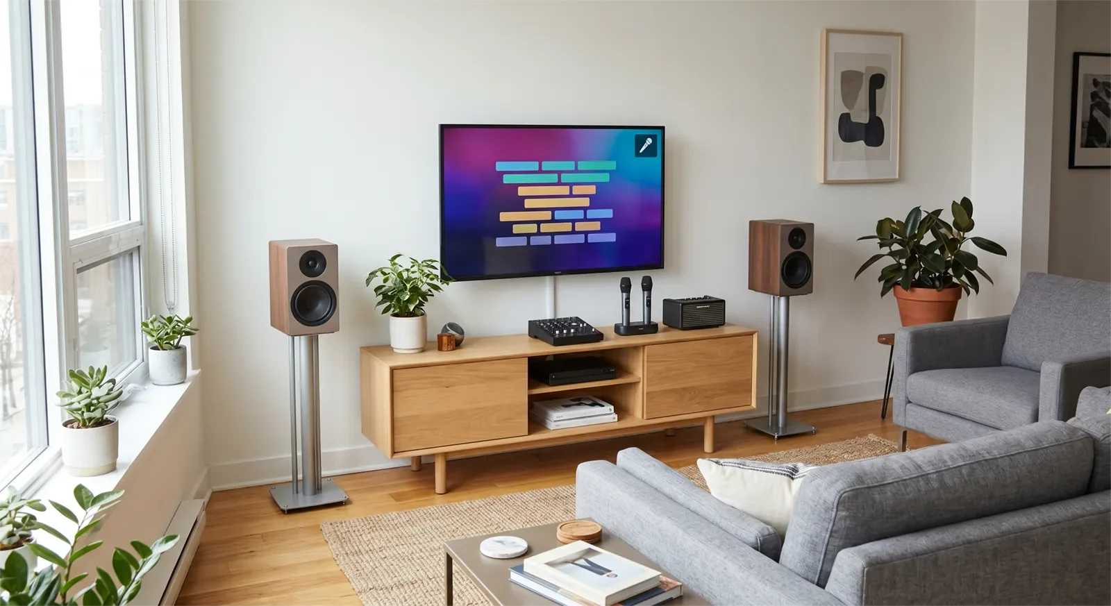 Dàn karaoke gọn được đặt trong phòng khách nhỏ mà không chiếm hết không gian sinh hoạt