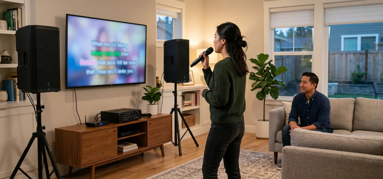 Người hát karaoke nhìn vào TV và giữ micro hướng ổn định về phía miệng với loa PA trong phòng
