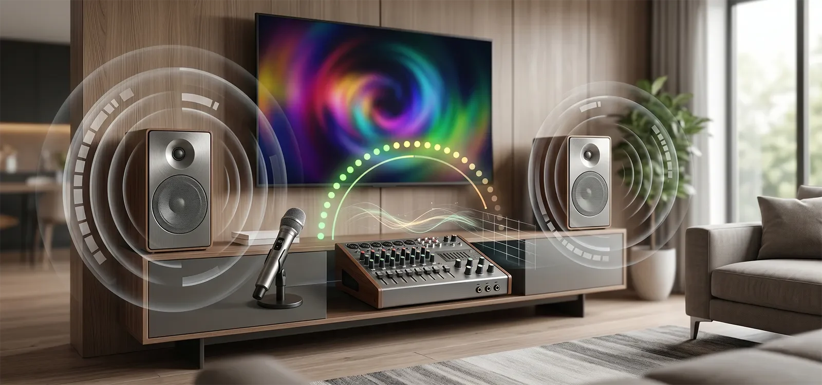 Home karaoke system showing sound level concepts like room loudness, digital signal level, and track loudness.
