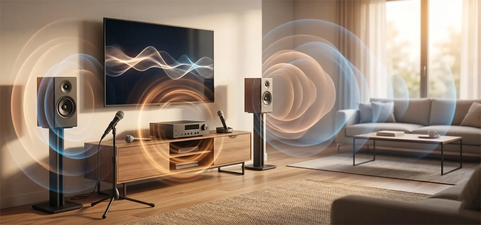Home karaoke system showing amplifier power, speaker output, and room loudness in a modern living room.
