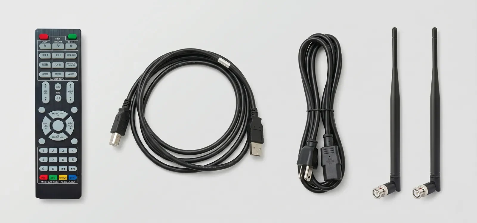 Ampyon DL-3000 included accessories with USB cable power cable antennas and remote control